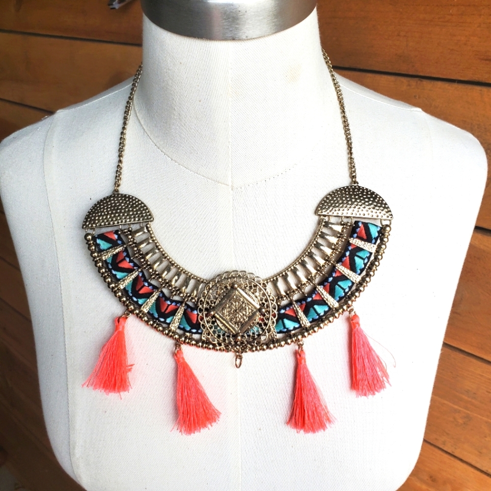 Bohemian Gold and Pink Tassel Necklace